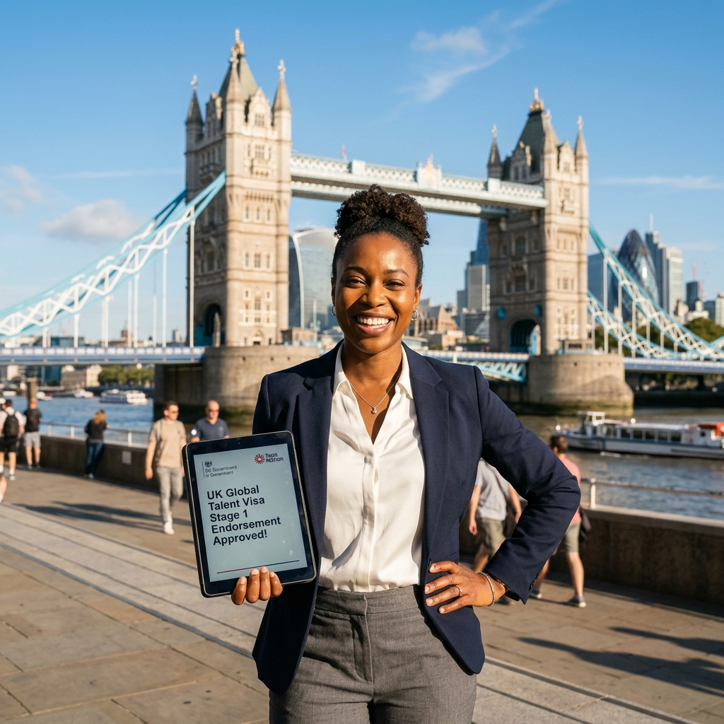 Successful professional standing near London's Tower Bridge holding an approved UK Global Talent Visa notification
