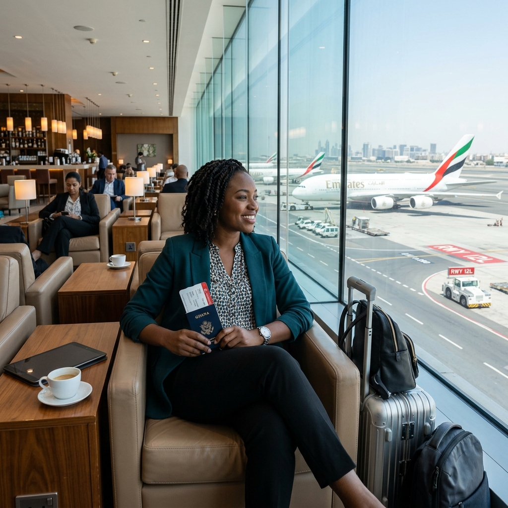Successful global traveler in premium airport lounge